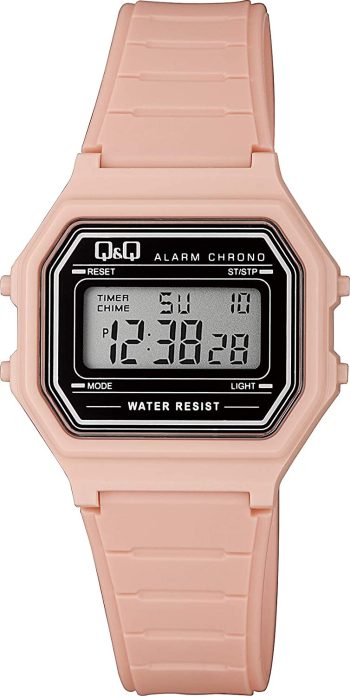 Dameur Q & Q digital med rosa rem og kasse, 3 bar